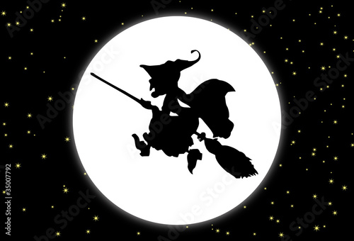 Fondo con la luna y una bruja con escoba