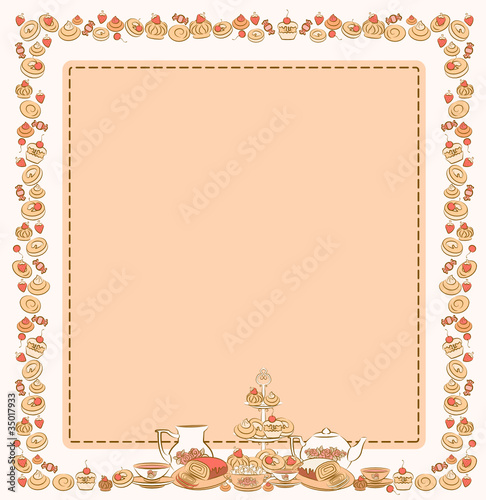 Vintage tea set and sweet cakes. Vector