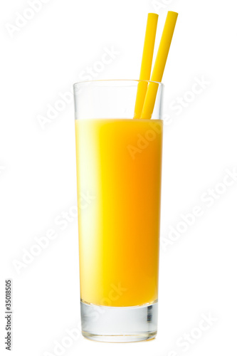 Orange juice in highball glass with a drinking straw. Isolated o