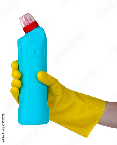 detergent bottle in hand isolated on white