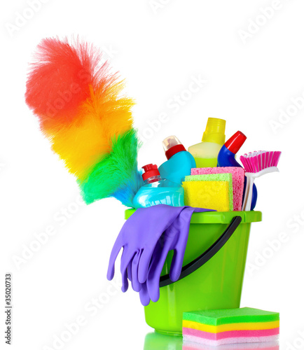 detergent bottles, brush, gloves and sponges in bucket