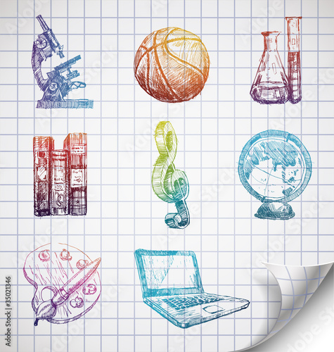 Hand-drawn school icons on lined sketchbook paper.