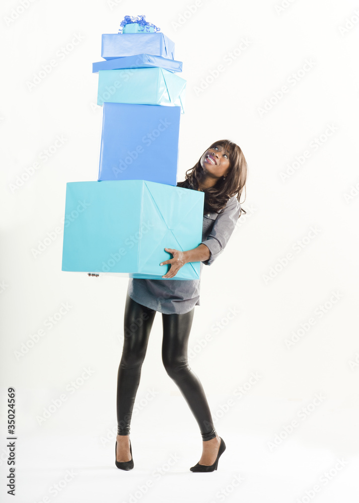 African American woman with birthday presents African American woman with birthday presents
