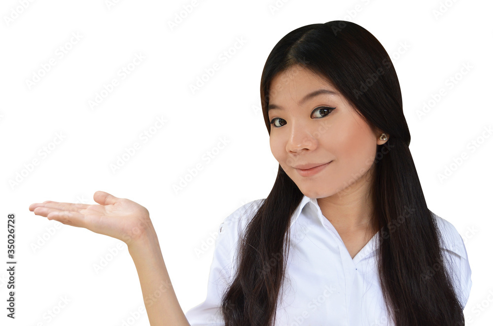 Business woman with her hand open to show a product Business woman with her hand open to show a product