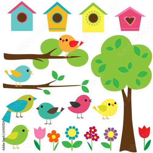 Set birds with birdhouses, trees and flowers.