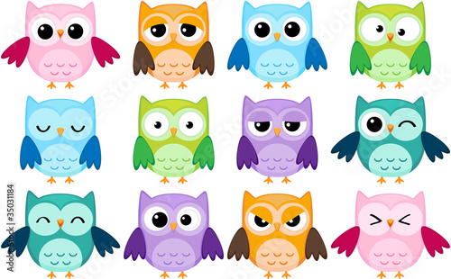 Set of 12 cartoon owls with various emotions #35031184