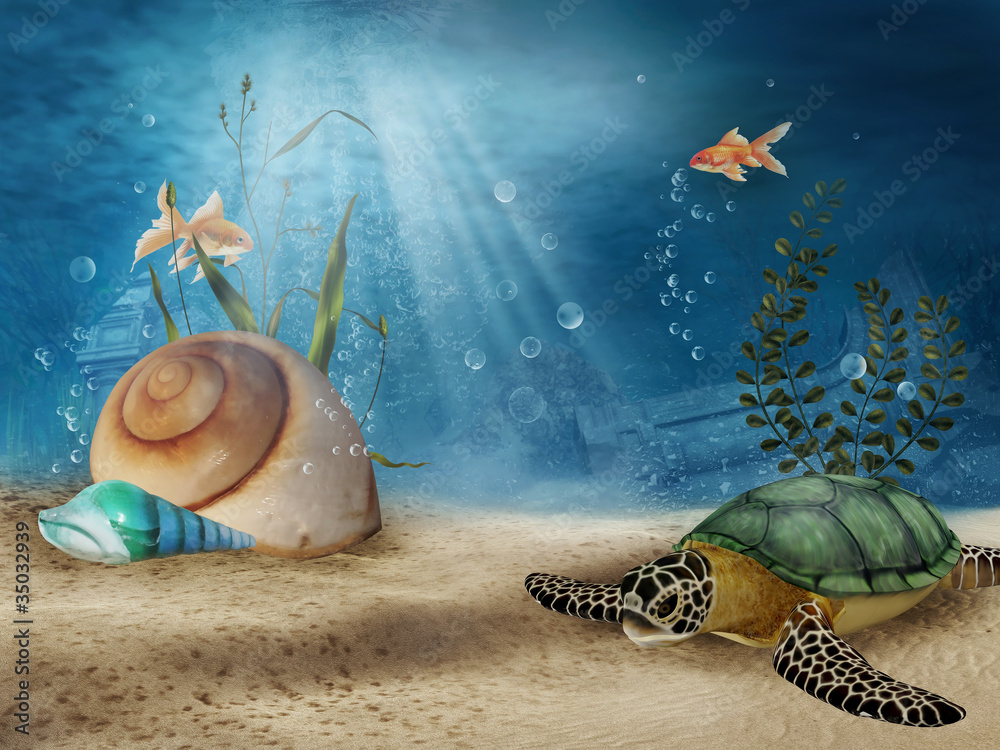 Podwodna sceneria z muszlami, żółwiem i złotymi rybkami - obrazy, fototapety, plakaty 