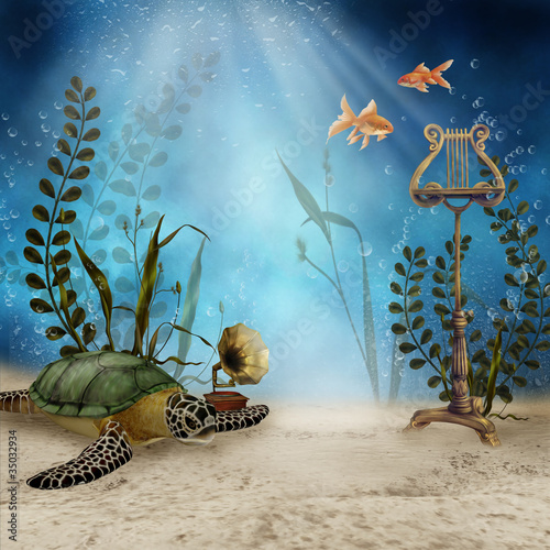 Podwodna sceneria z żółwiem i muzycznymi instrumentami