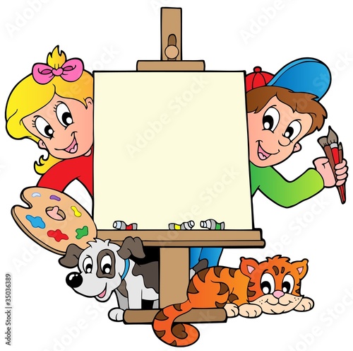 Cartoon kids with painting canvas