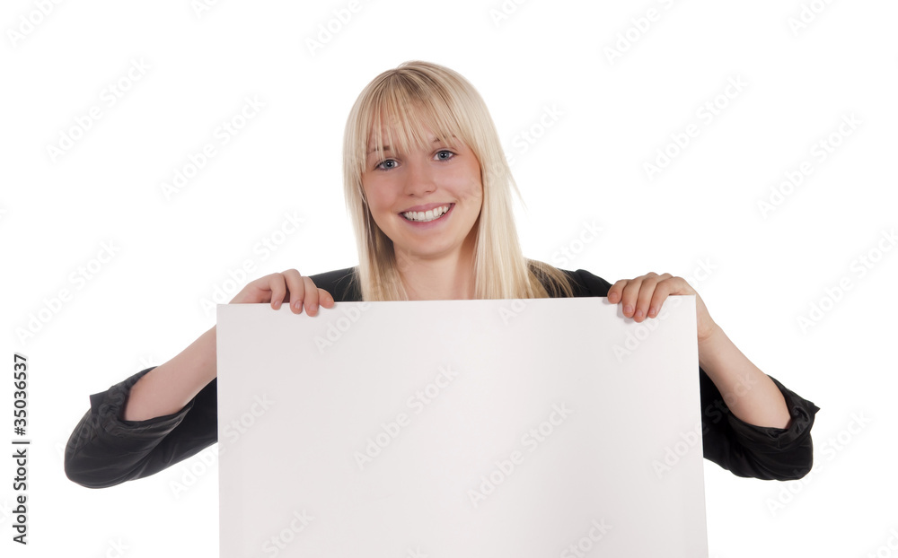 junge frau mit weißer tafel junge frau mit weißer tafel