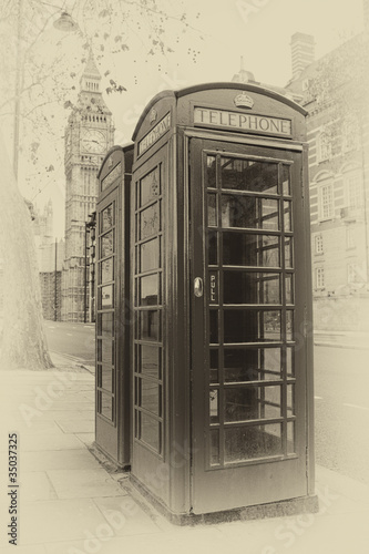 Vintage  image of London phone booths with the Big Ben #35037325