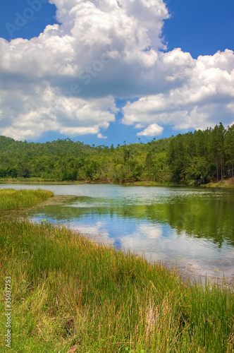 Landscape with a river and hills covered in tropical vegetation