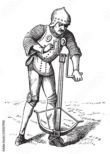A medieval crossbowman soldier vintage engraving.