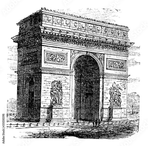 Triumphal Arch or Arc de Triomphe, Paris, France. Vintage engrav