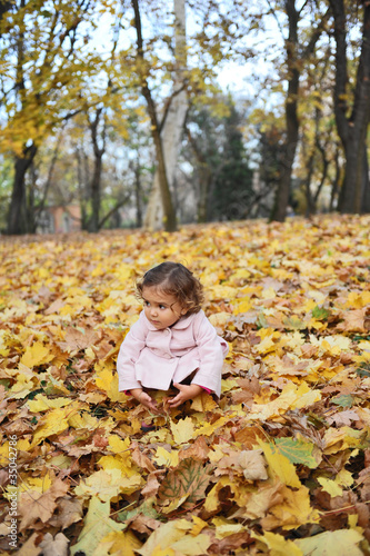 Little girl in the park in autumn