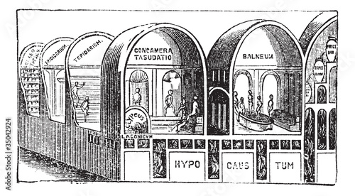 Baths of Titus in Rome, Italy vintage engraving.