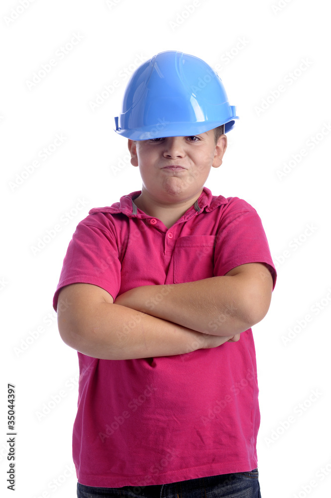boy with blue workers helmet, arms crossed boy with blue workers helmet, arms crossed
