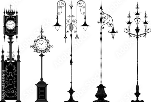 Old-fashioned street lanterns and clocks