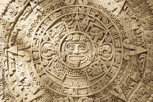 Close up of Aztec calendar stone carving