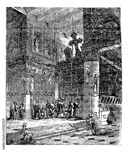 Church of the Nativity, Bethlehem, Israel, vintage engraving.