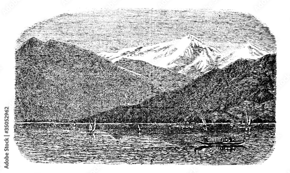 Mont Blanc mountain, Lake Geneva, Switzerland and France, vintag