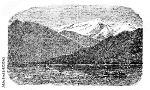 Mont Blanc mountain, Lake Geneva, Switzerland and France, vintag