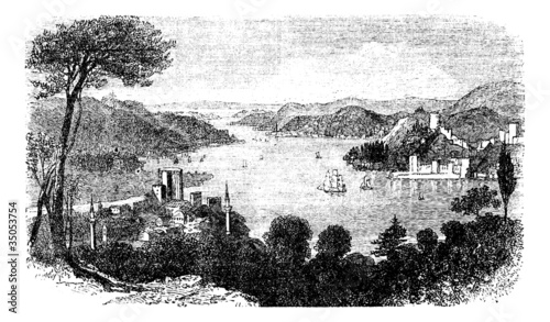 or Istanbul Strait, in Istanbul, Turkey, vintage engraving