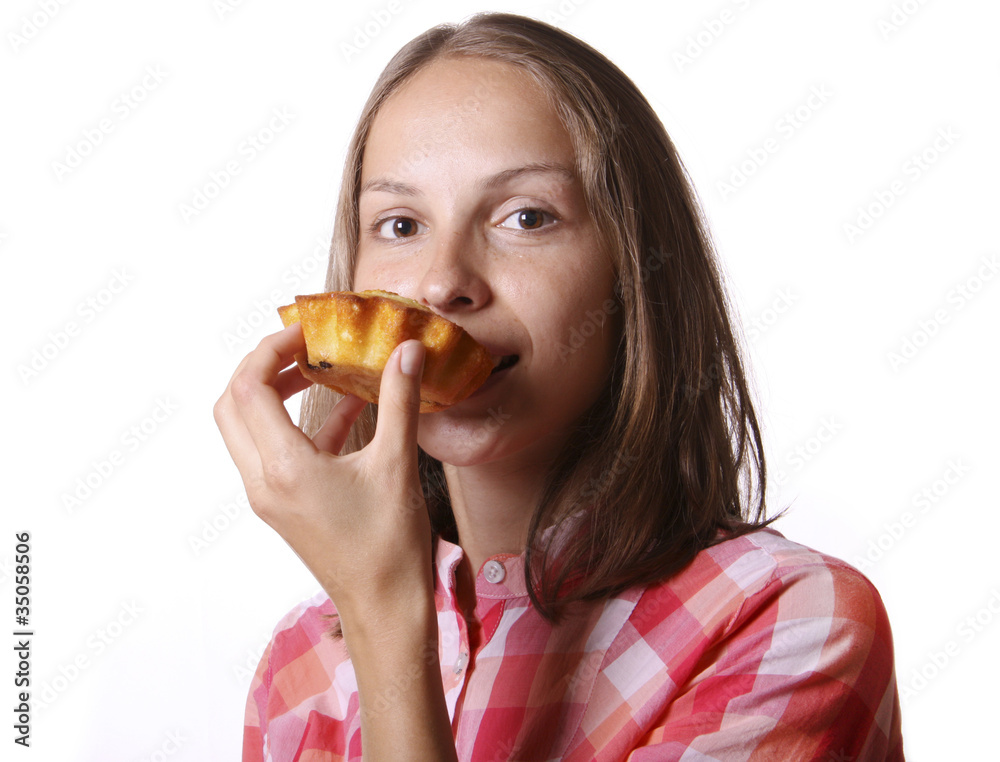 woman with appetizing cake, isolated on white woman with appetizing cake, isolated on white