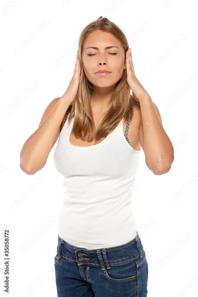 Hear no evil - Young woman covering her ears with hands Hear no evil - Young woman covering her ears with hands