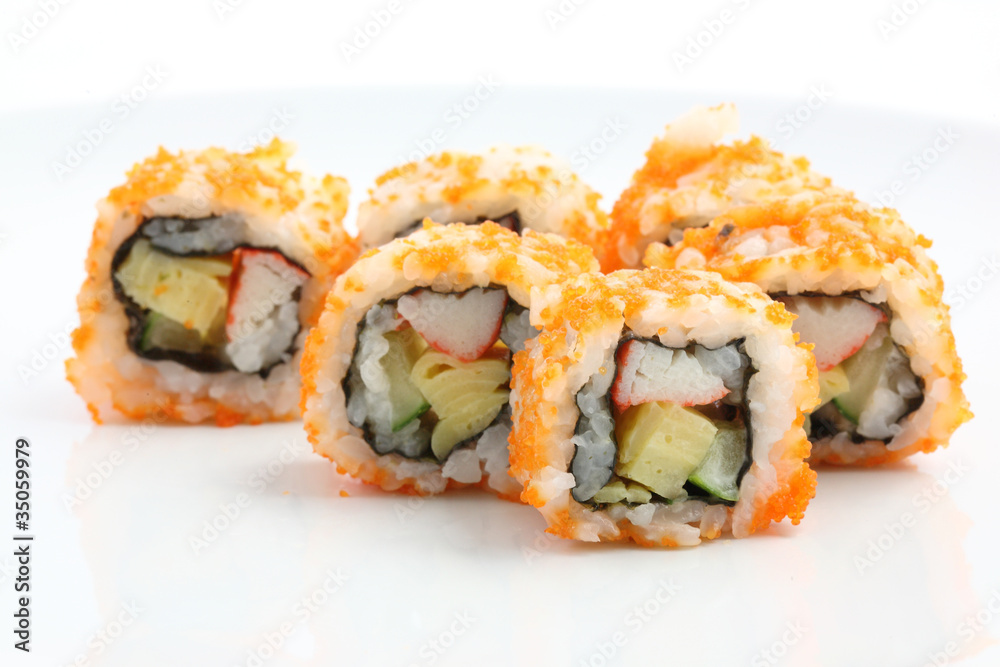 Sushi California Roll on dish isolated in white background