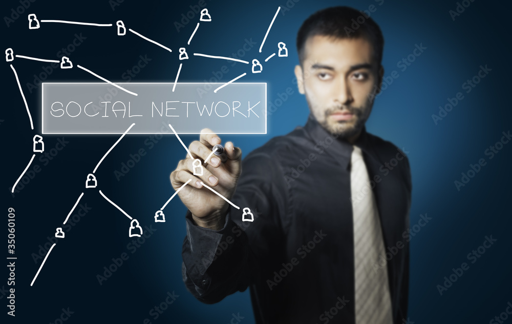 business man drawing social network on screen business man drawing social network on screen