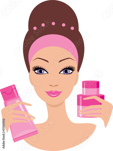 Beautiful young woman with a cosmetics set. vector