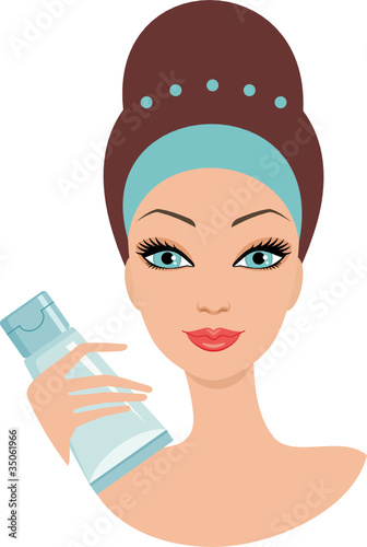 Beautiful young woman with a face cream. vector