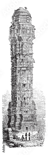 Tower of Victory in Chittorgarh, Rajahstan, India vintage engrav