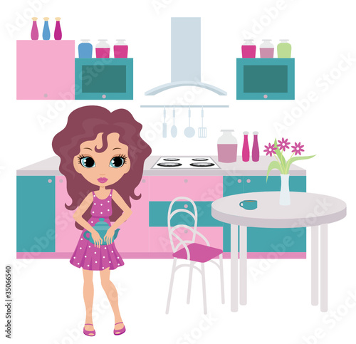 Cartoon girl on kitchen bears a teapot. vector