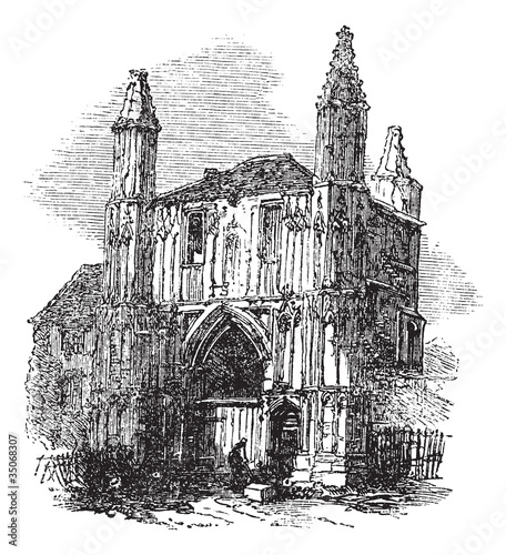 Colchester Abbey, in Essex, England, vintage engraving
