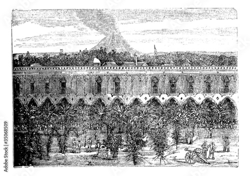 Colima Volcano, in Colima, Mexico, vintage engraving