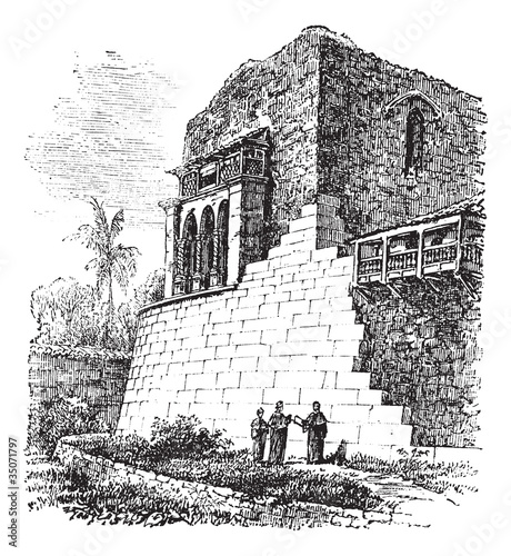 Coricancha or Temple of the Sun, in Cusco, Peru, vintage engravi