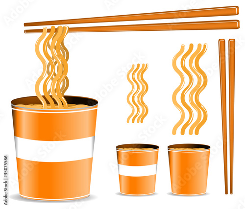 set of orange noodle cup with chopsticks isolated on white