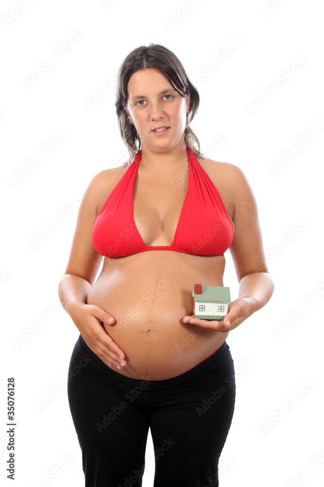 young pregnant woman holding house model over white background young pregnant woman holding house model over white background
