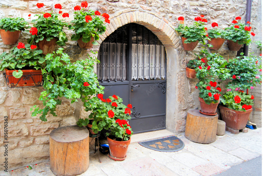 Colorful red flowers lining a medieval stone wall in Italy