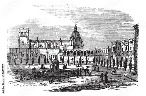 Historic cathedral building at Guadalajara, Mexico vintage engra