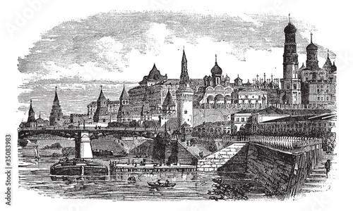 The Moscow Kremlin and river,Russia vintage engraving