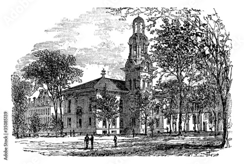 City Hall in Lawrence, Canada, vintage engraving