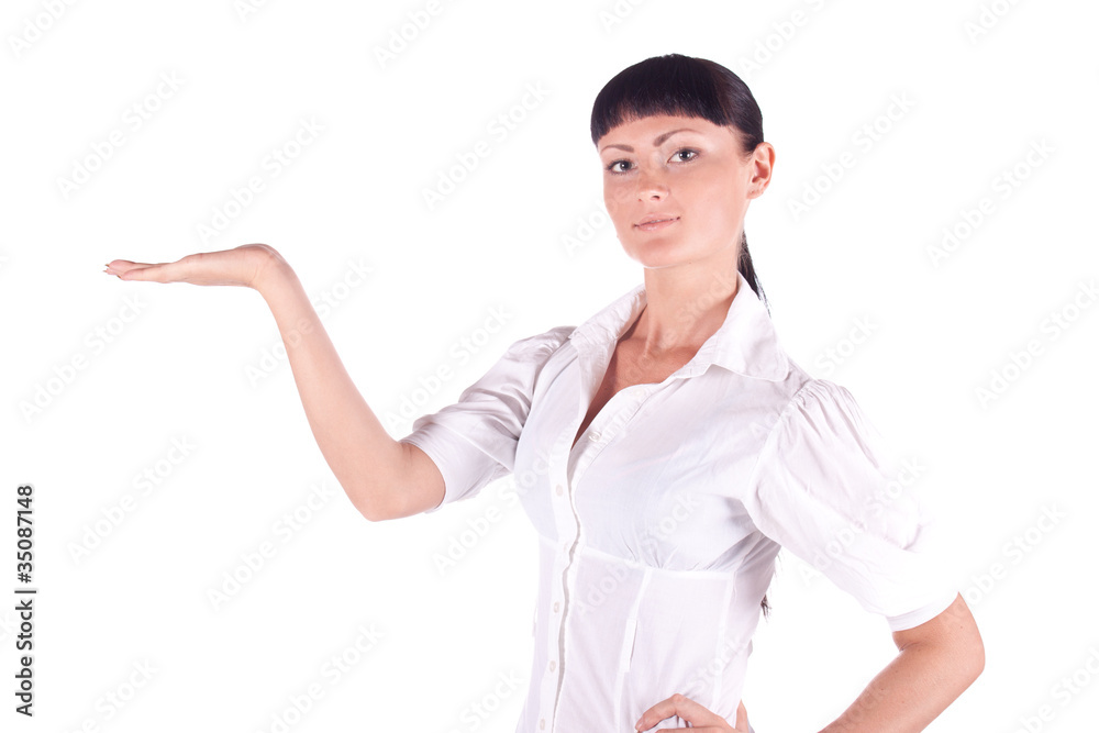 Business woman showing white copy space Business woman showing white copy space