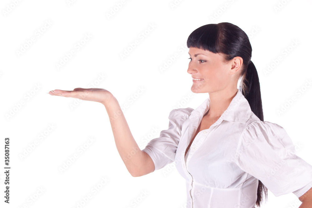 Business woman showing white copy space Business woman showing white copy space