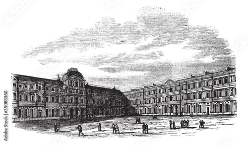 The courtyard of Louvre Palace in Paris France vintage engraving