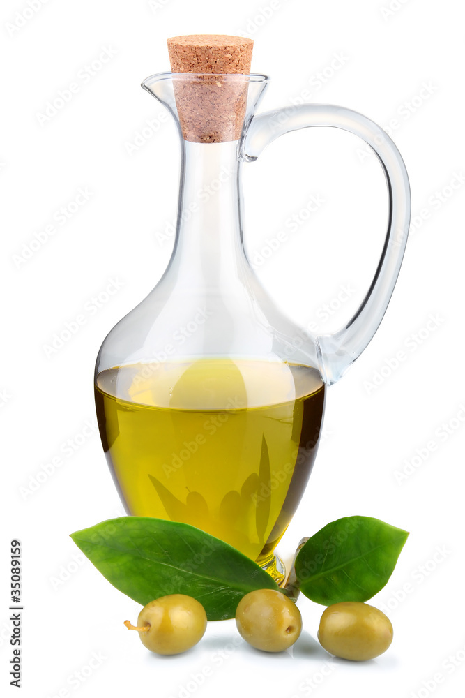 Branch with olives and a bottle of olive oil isolated Branch with olives and a bottle of olive oil isolated