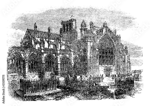 Melrose Abbey, Scotland, vintage engraving photo