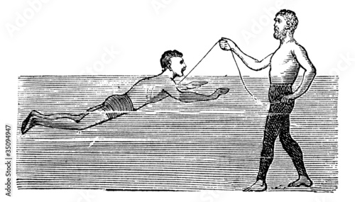 Learning to Swim with the Aid of a Rope, vintage engraved illust